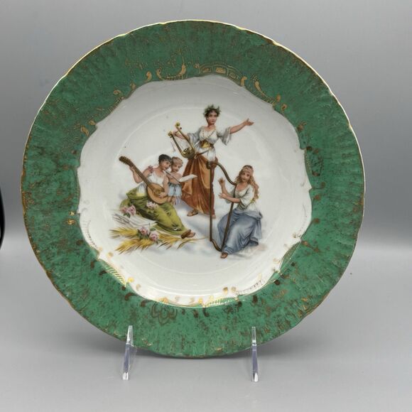 Vtg Unmarked Green Transferware Porcelain Heavenly Choir Decorative Plate Bowl - Picture 1 of 12